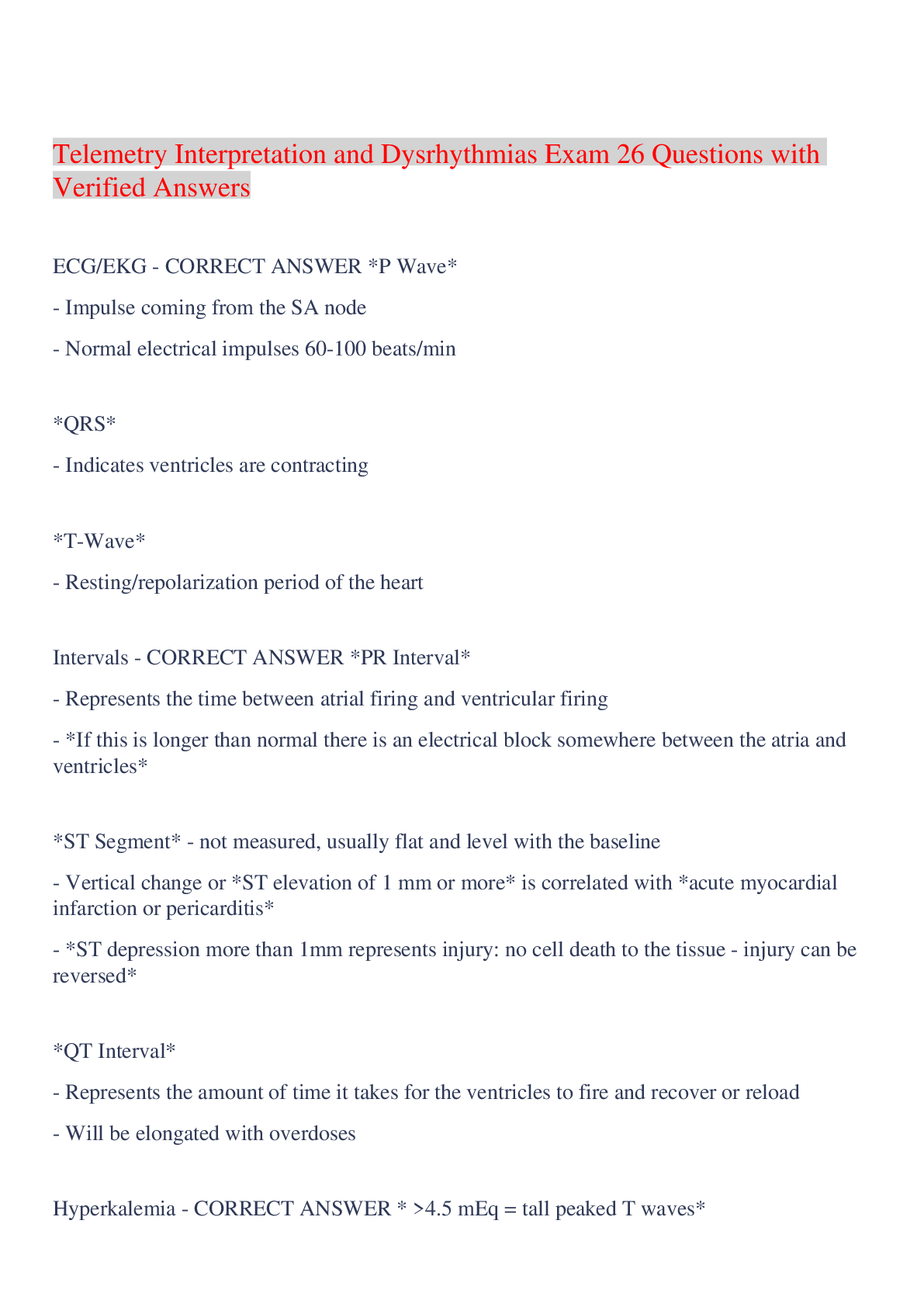 Preview image for Telemetry Interpretation and Dysrhythmias Exam 26 Questions with Verified Answers,100% CORRECT