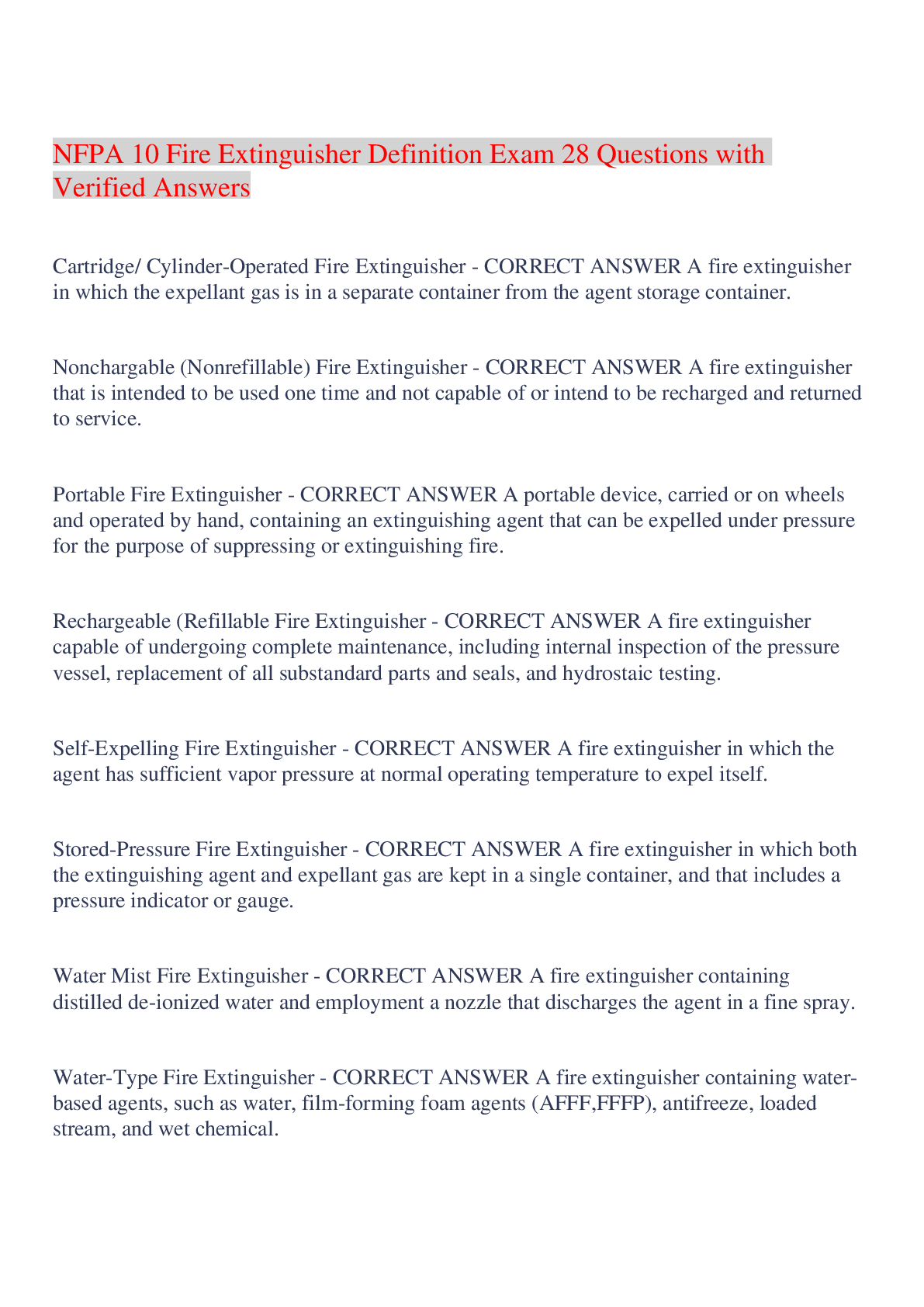 Preview image for NFPA 10 Fire Extinguisher Definition Exam 28 Questions with Verified Answers,100% CORRECT