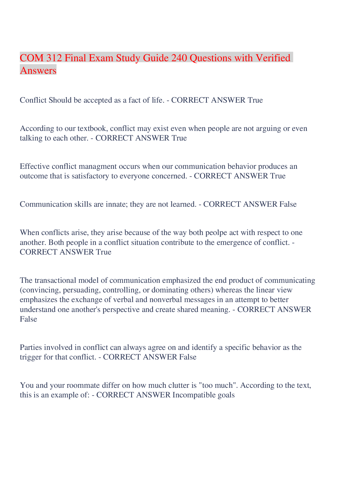 Preview image for COM 312 Final Exam Study Guide 240 Questions with Verified Answers,100% CORRECT