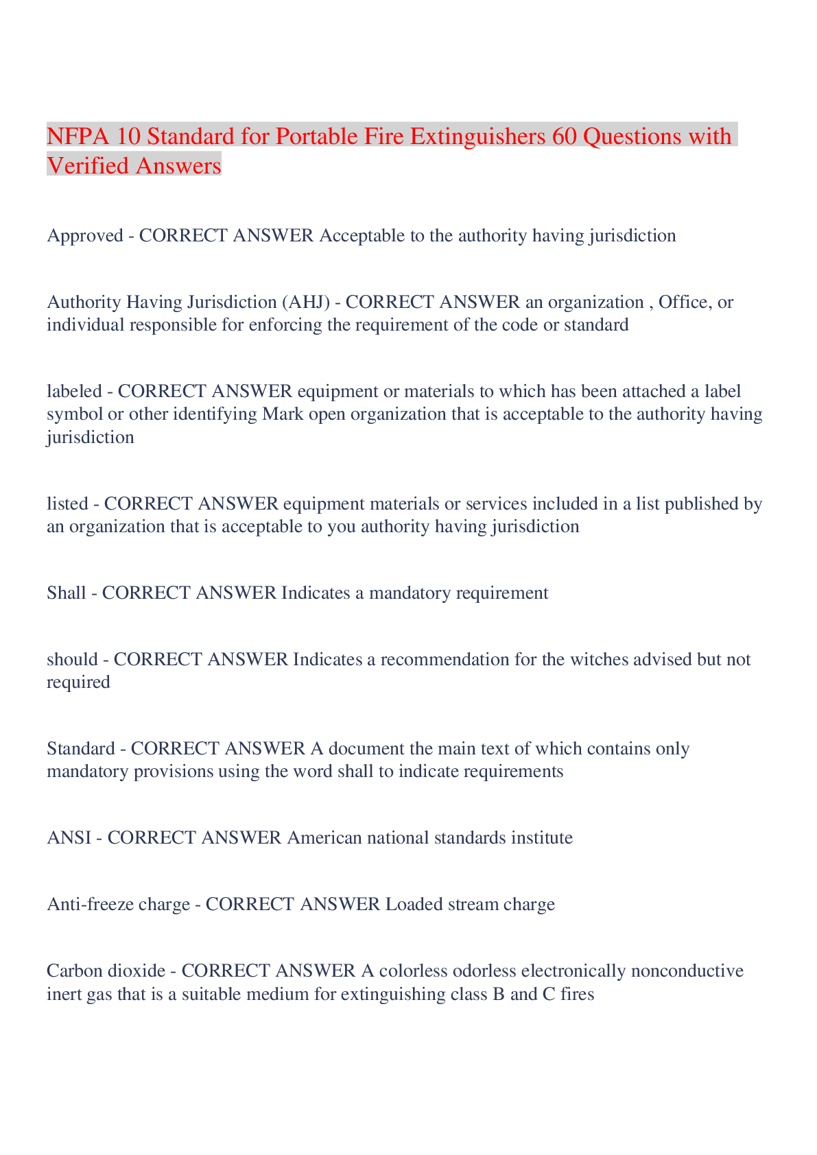 Preview image of NFPA 10 Standard for Portable Fire Extinguishers 60 Questions with Verified Answers,100% CORRECT document