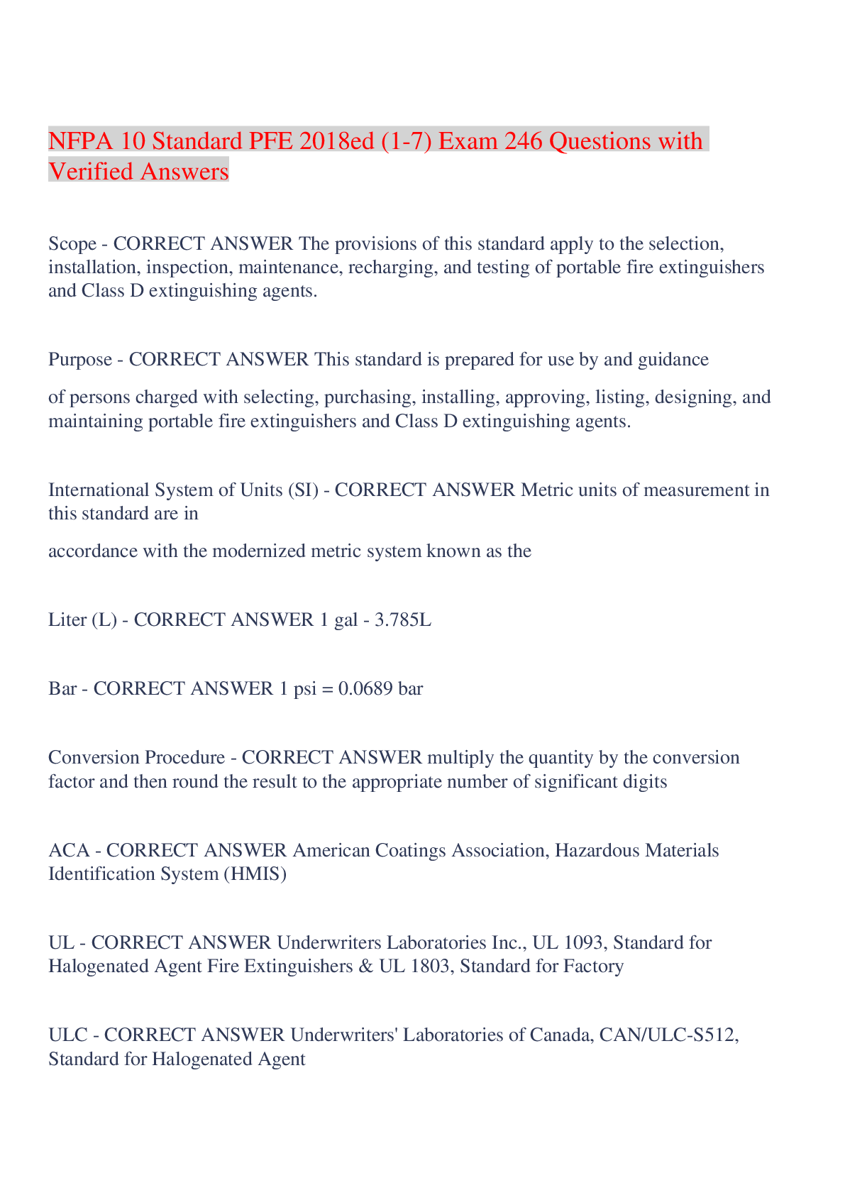 Preview image of NFPA 10 Standard PFE 2018ed (1-7) Exam 246 Questions with Verified Answers,100% CORRECT document