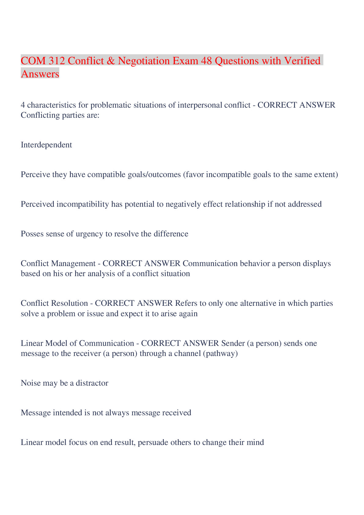 Preview image of COM 312 Conflict & Negotiation Exam 48 Questions with Verified Answers,100% CORRECT document