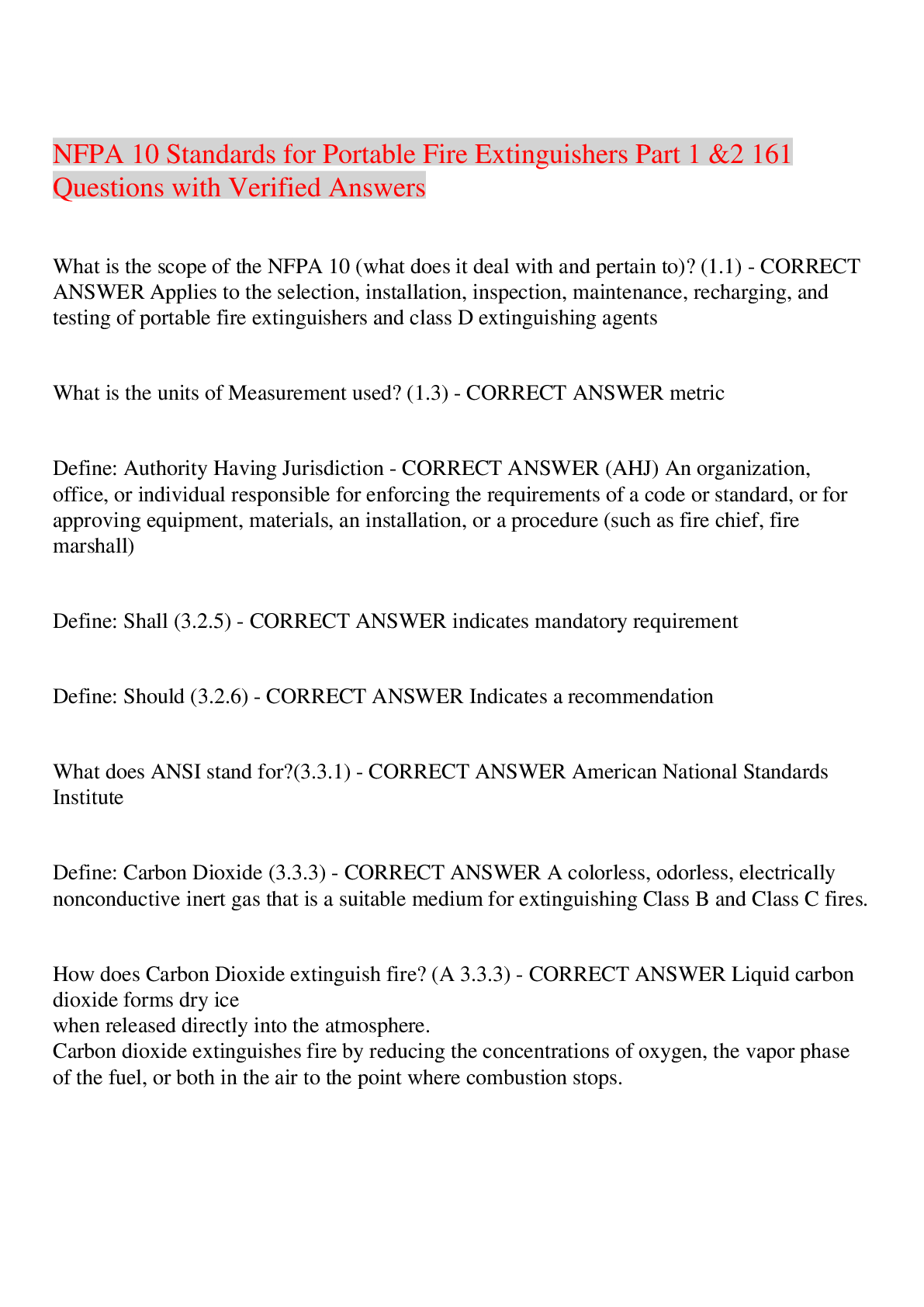 Preview image of NFPA 10 Standards for Portable Fire Extinguishers Part 1 &2 161 Questions with Verified Answers,100% CORRECT document