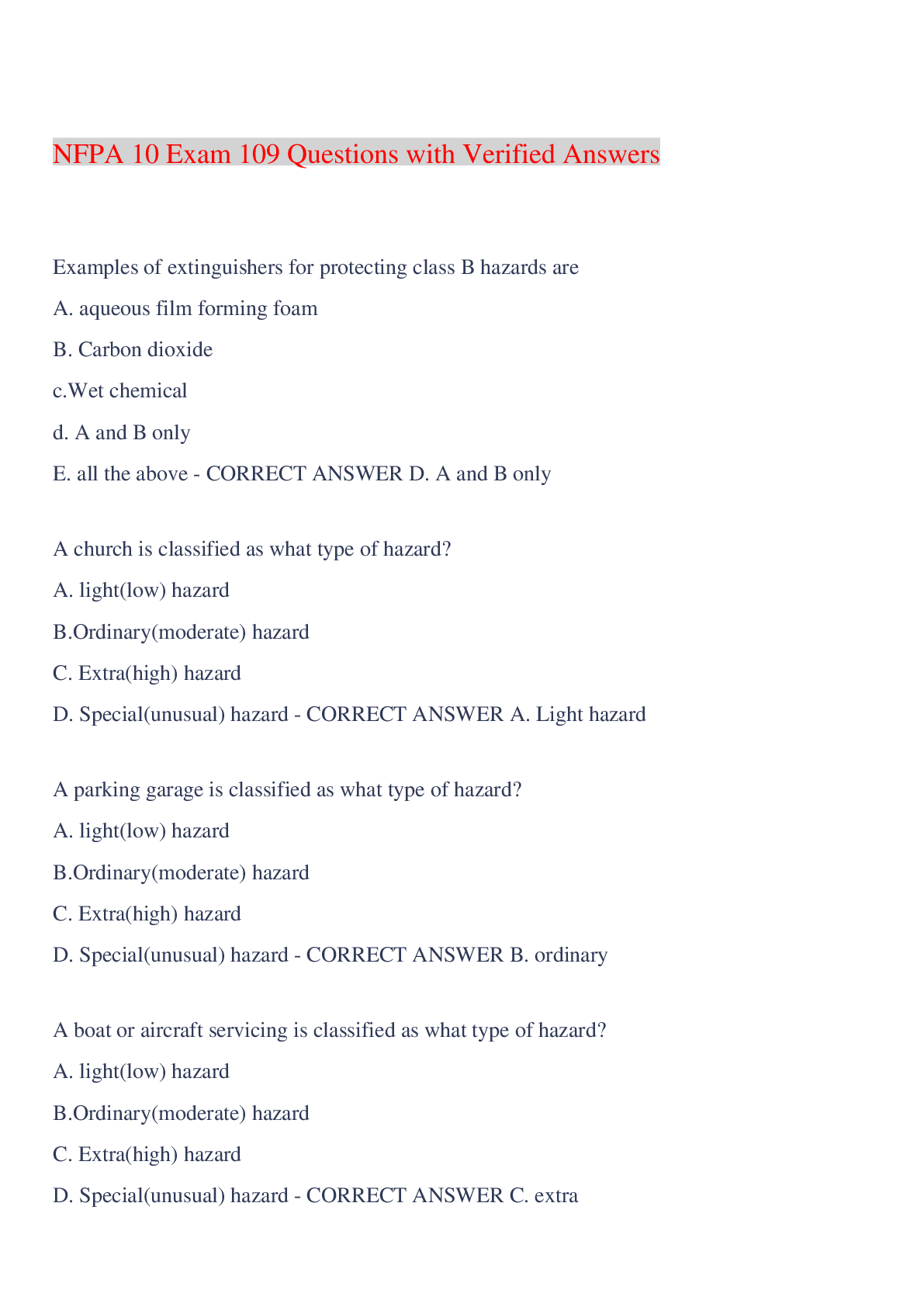 Preview image for NFPA 10 Exam 109 Questions with Verified Answers,100% CORRECT