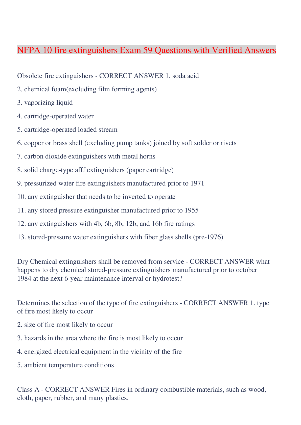 Preview image of NFPA 10 fire extinguishers Exam 59 Questions with Verified Answers,100% CORRECT document