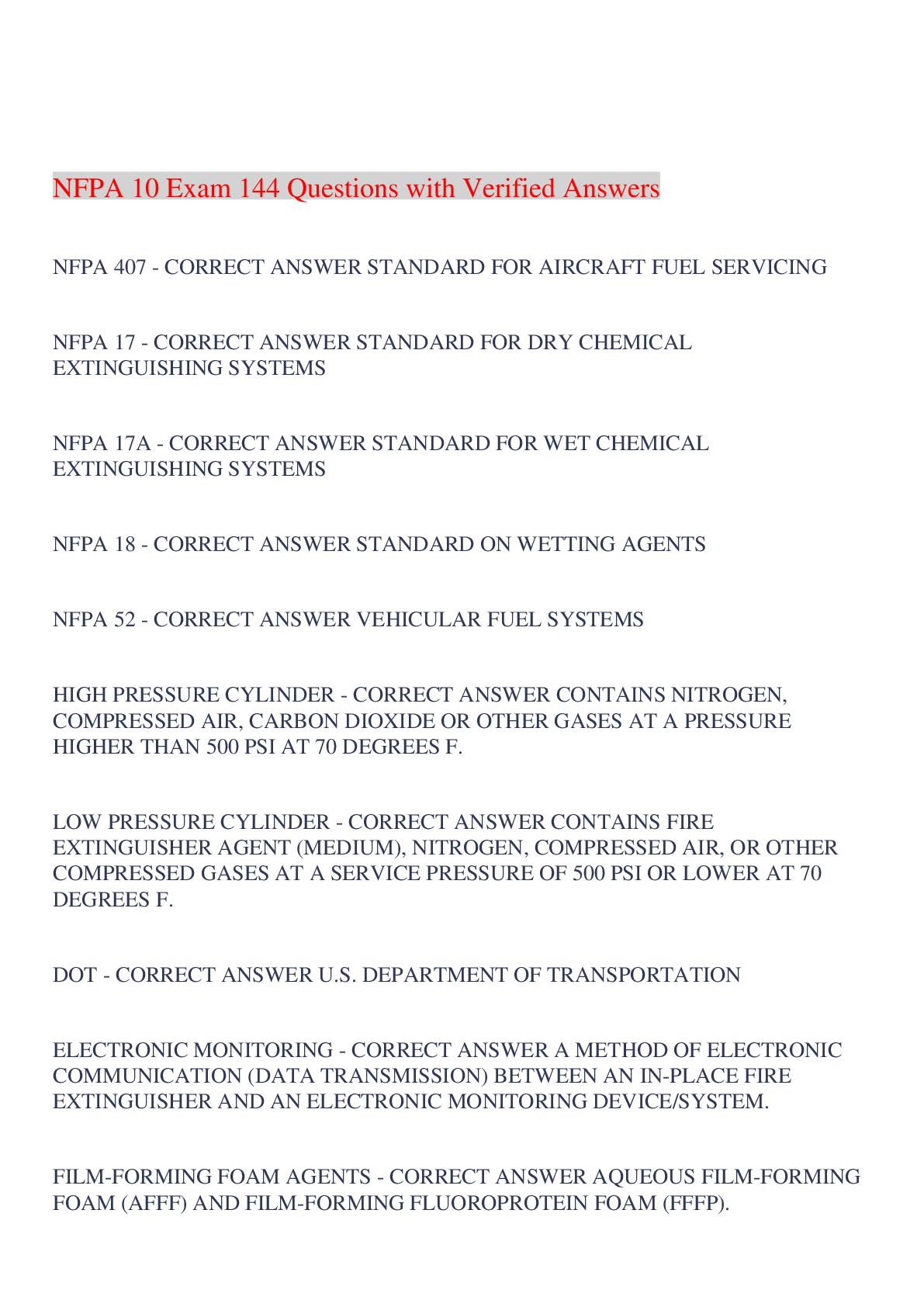 Preview image of NFPA 10 Exam 144 Questions with Verified Answers,100% CORRECT document