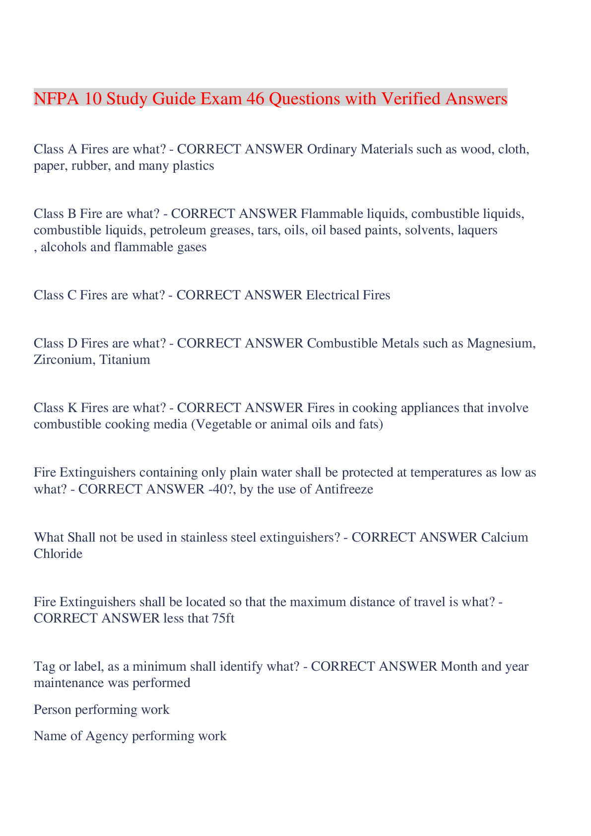 Preview image of NFPA 10 Study Guide Exam 46 Questions with Verified Answers,100% CORRECT document