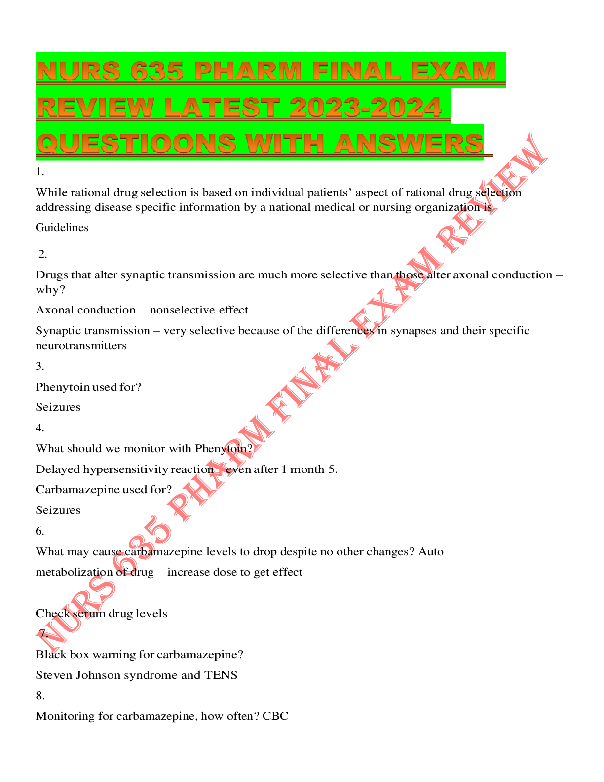 Preview of NURS 635 PHARM FINAL EXAM REVIEW LATEST 2023-2024 QUESTIOONS WITH ANSWERS