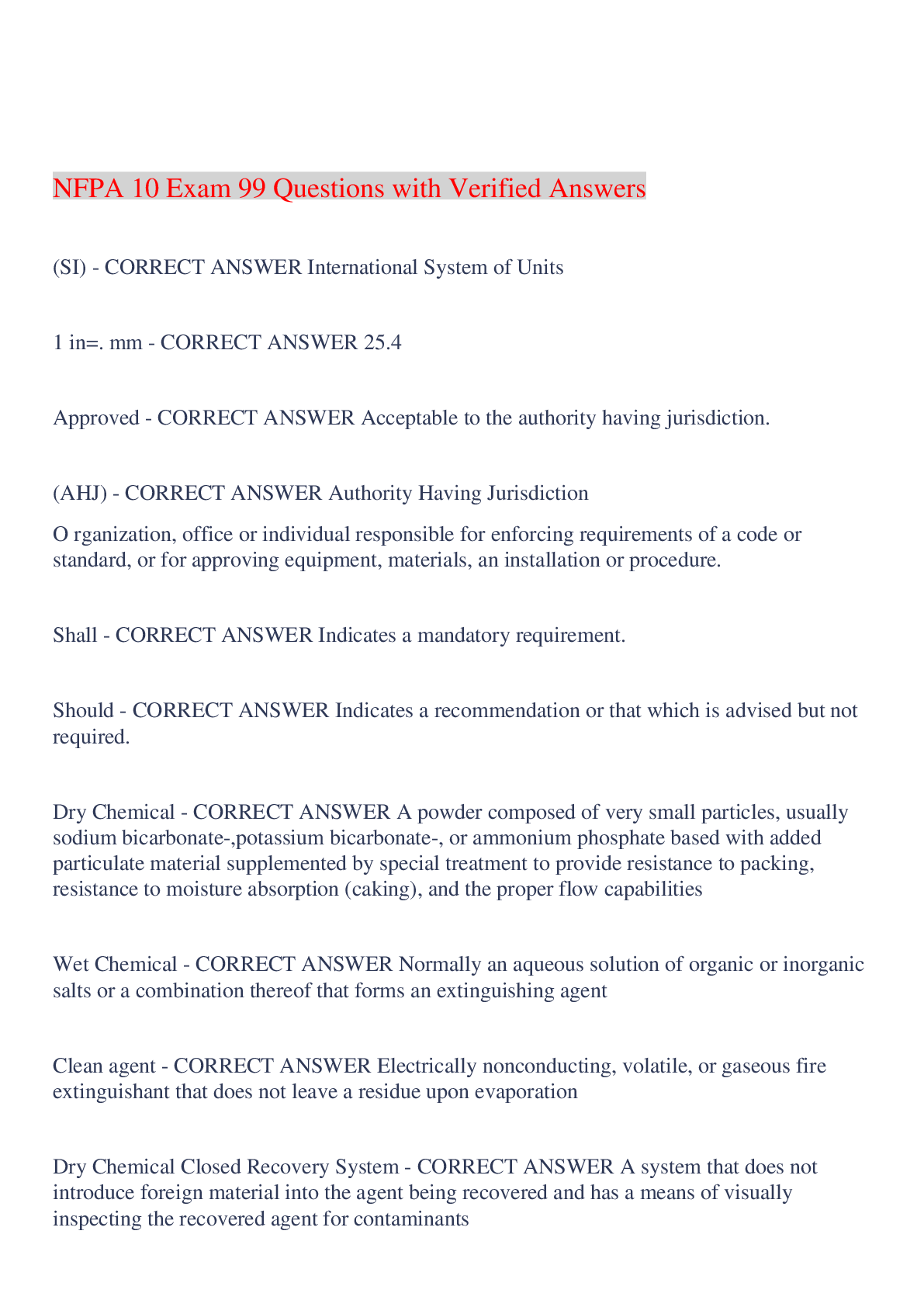 Preview image of NFPA 10 Exam 99 Questions with Verified Answers,100% CORRECT document