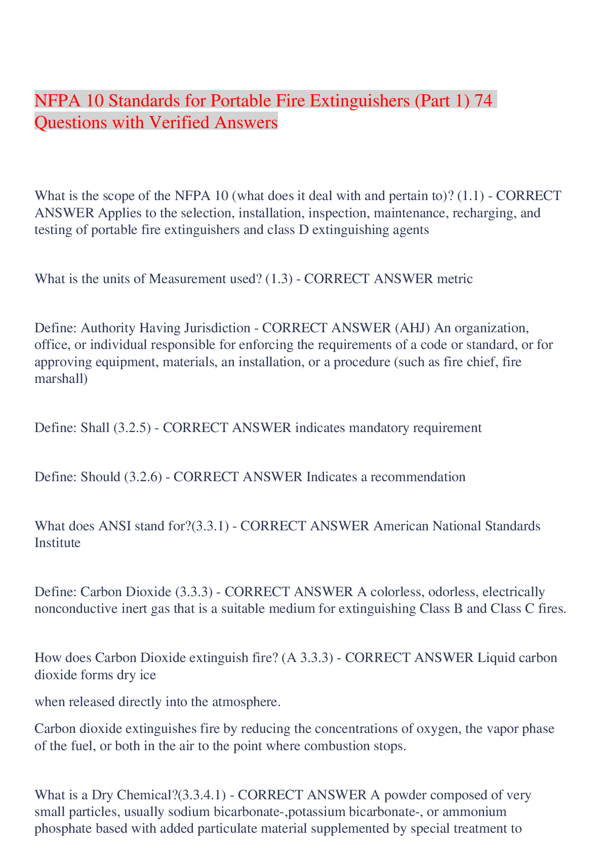 Preview image of NFPA 10 Standards for Portable Fire Extinguishers (Part 1) 74 Questions with Verified Answers,100% CORRECT document
