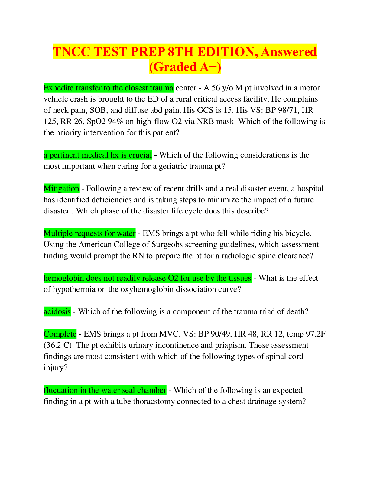 Preview image of TNCC TEST PREP 8TH EDITION, Answered (Graded A+) document