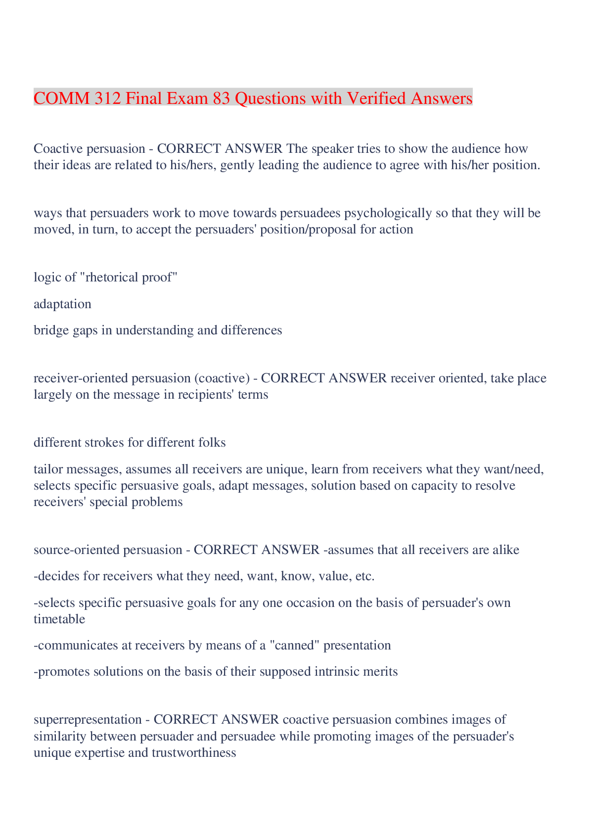 Preview image for COMM 312 Final Exam 83 Questions with Verified Answers,100% CORRECT