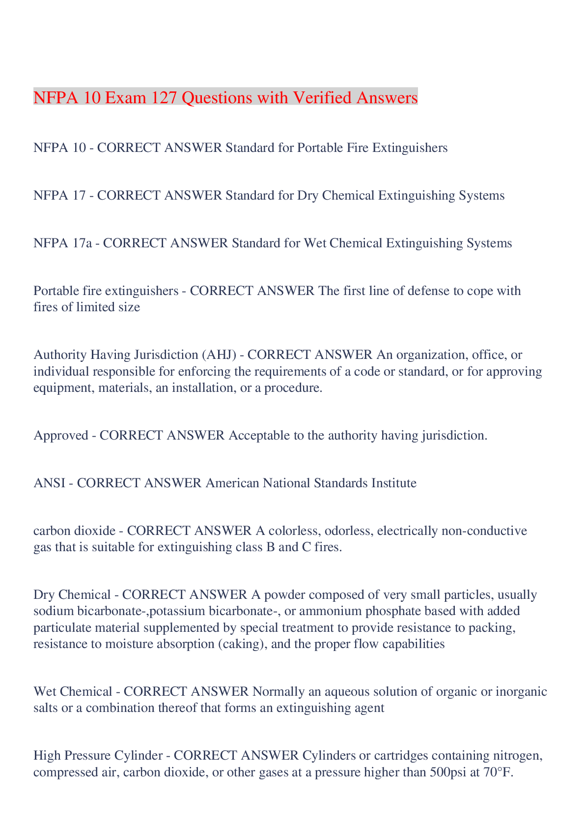 Preview image for NFPA 10 Exam 127 Questions with Verified Answers,100% CORRECT