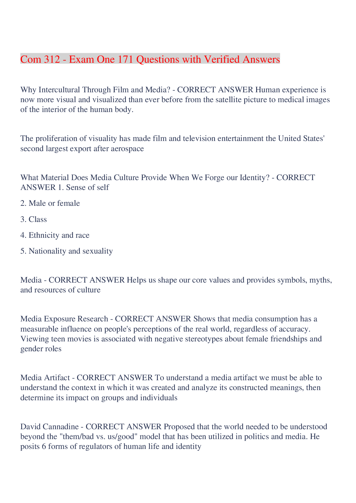 Preview image for Com 312 - Exam One 171 Questions with Verified Answers,100% CORRECT