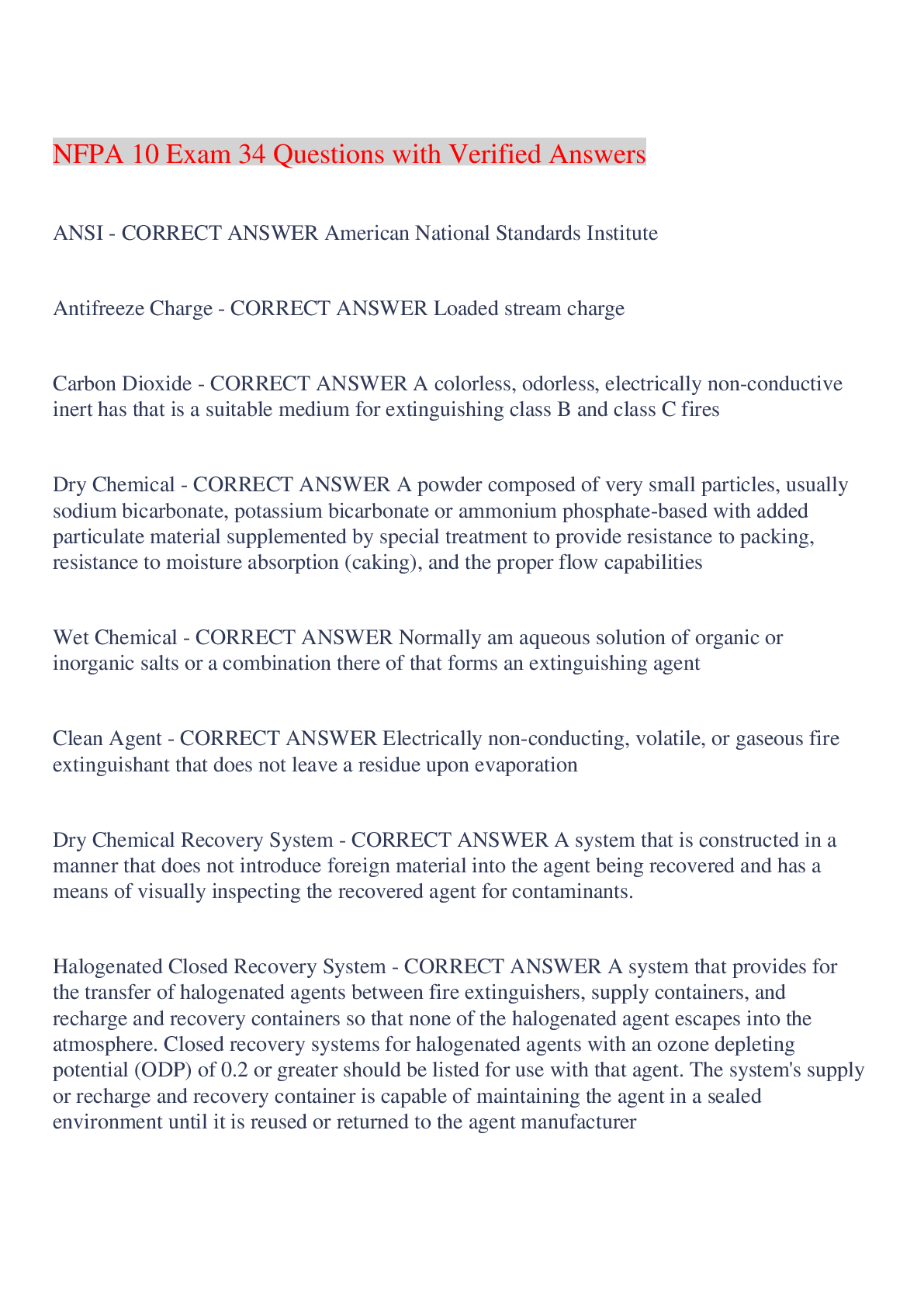 Preview image of NFPA 10 Exam 34 Questions with Verified Answers,100% CORRECT document