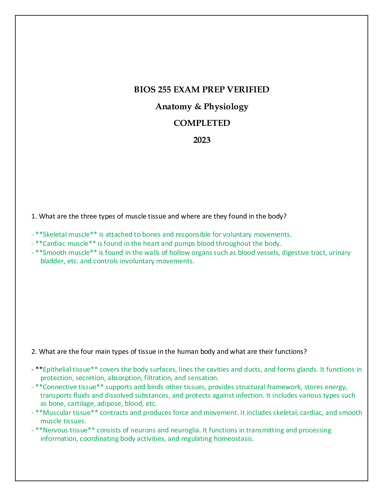 Preview of BIOS 255 EXAM PREP VERIFIED ANATOMY &amp; PHYSIOLOGY COMPLETED 2023