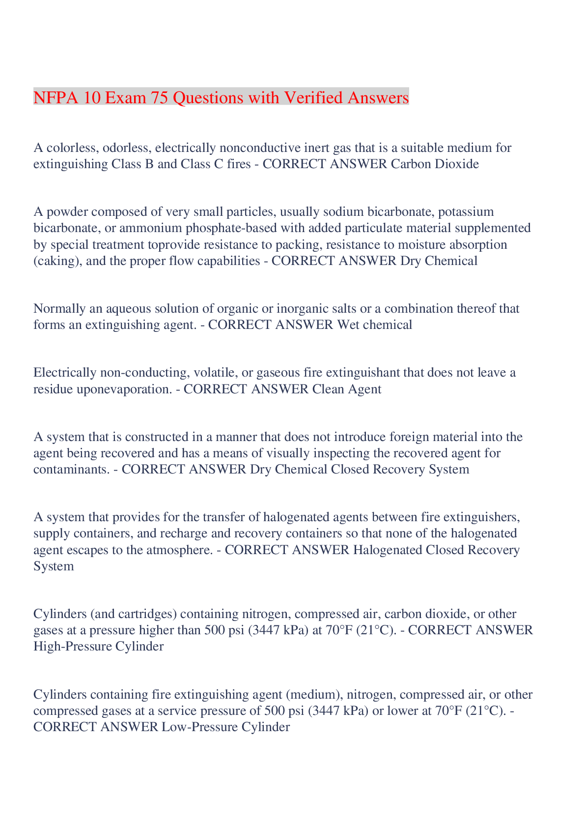 Preview image for NFPA 10 Exam 75 Questions with Verified Answers,100% CORRECT