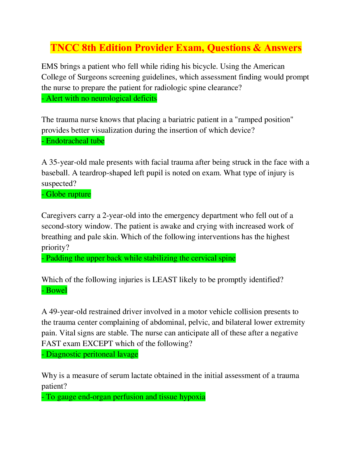 TNCC 8th Edition Provider Exam, Questions & Answers