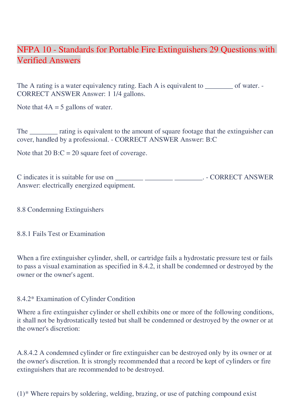 Preview image of NFPA 10 - Standards for Portable Fire Extinguishers 29 Questions with Verified Answers,100% CORRECT document