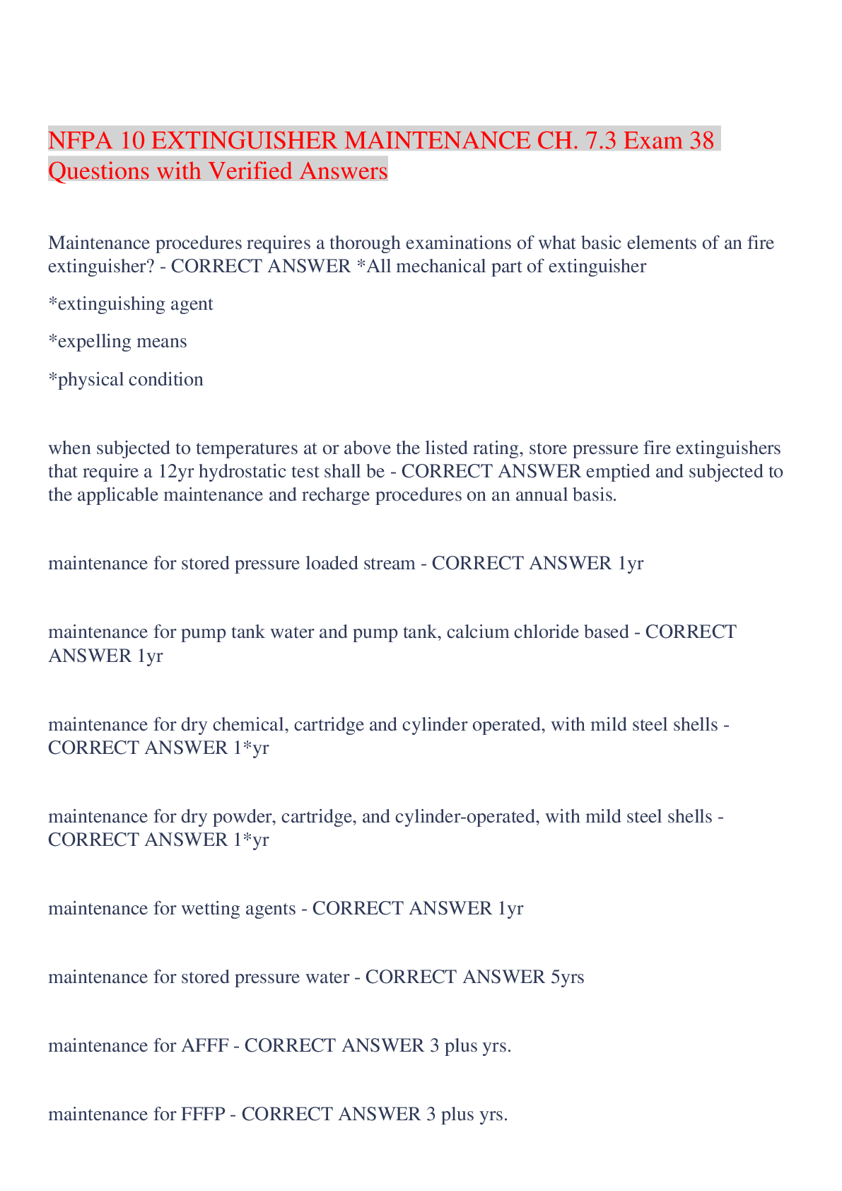 Preview image of NFPA 10 EXTINGUISHER MAINTENANCE CH. 7.3 Exam 38 Questions with Verified Answers,100% CORRECT document