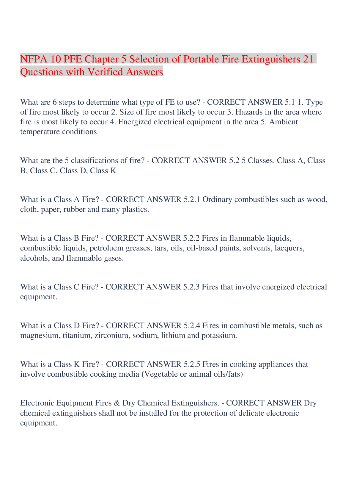 Preview image of NFPA 10 PFE Chapter 5 Selection of Portable Fire Extinguishers 21 Questions with Verified Answers,100% CORRECT document