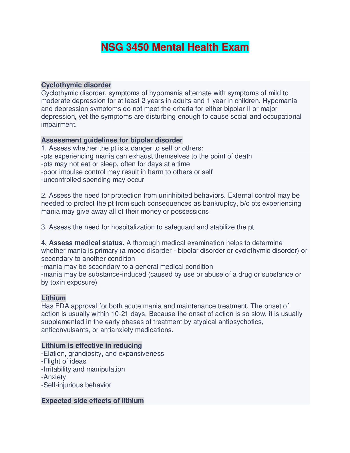 Recommended document preview for NSG 3450 Mental Health Exam - Questions and Answers