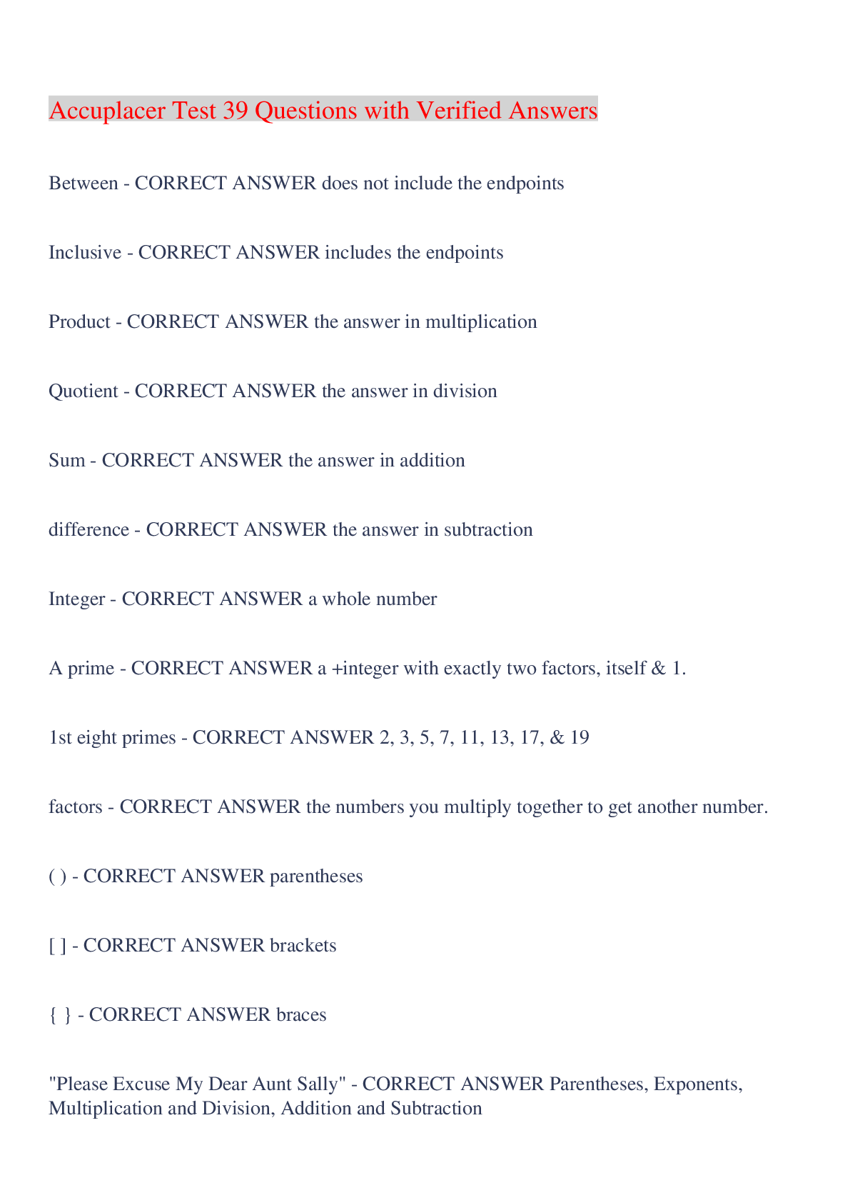 Preview image for Accuplacer Test 39 Questions with Verified Answers,100% CORRECT