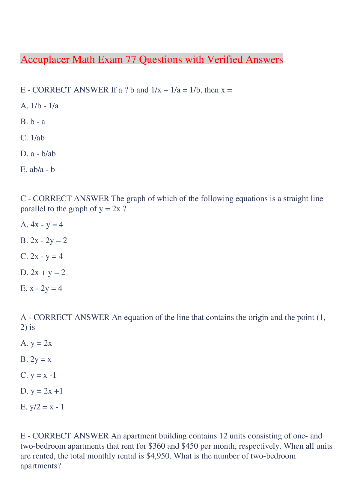 Preview image for Accuplacer  Math Exam 77 Questions with Verified Answers,100% CORRECT