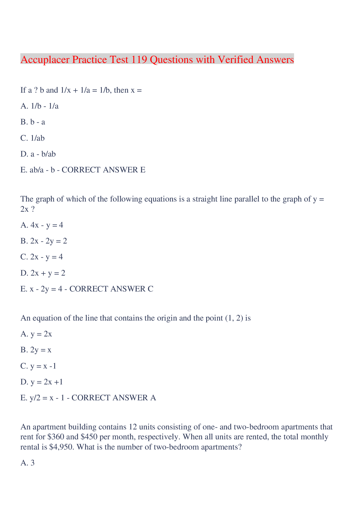 Preview image for Accuplacer Practice Test 119 Questions with Verified Answers,100% CORRECT