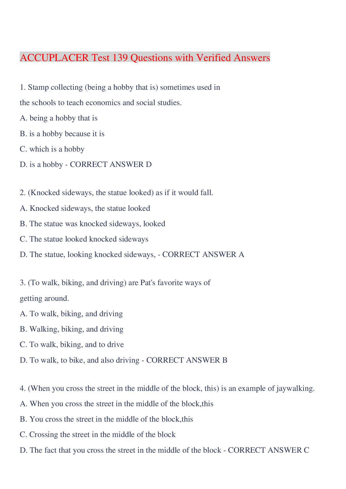 Preview image for ACCUPLACER Test 139 Questions with Verified Answers,100% CORRECT