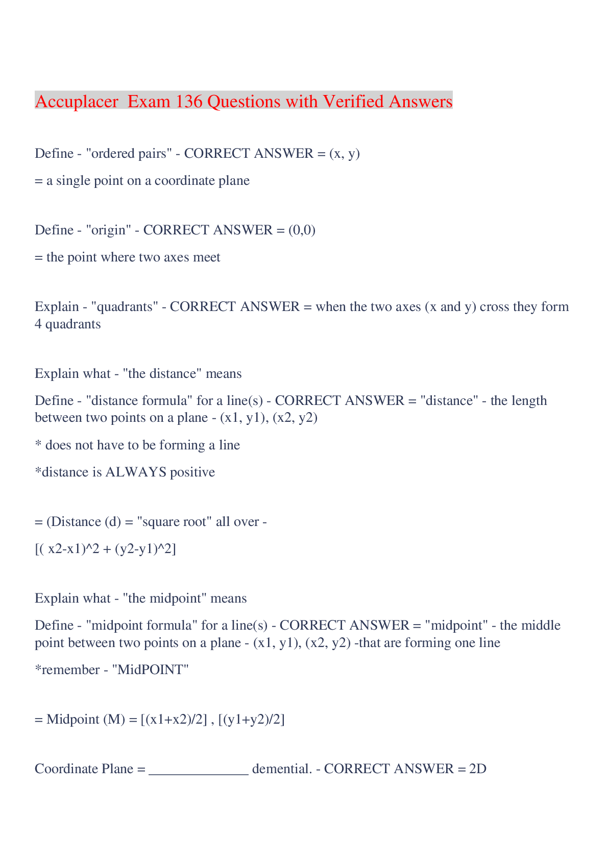 Preview image for Accuplacer  Exam 136 Questions with Verified Answers,100% CORRECT