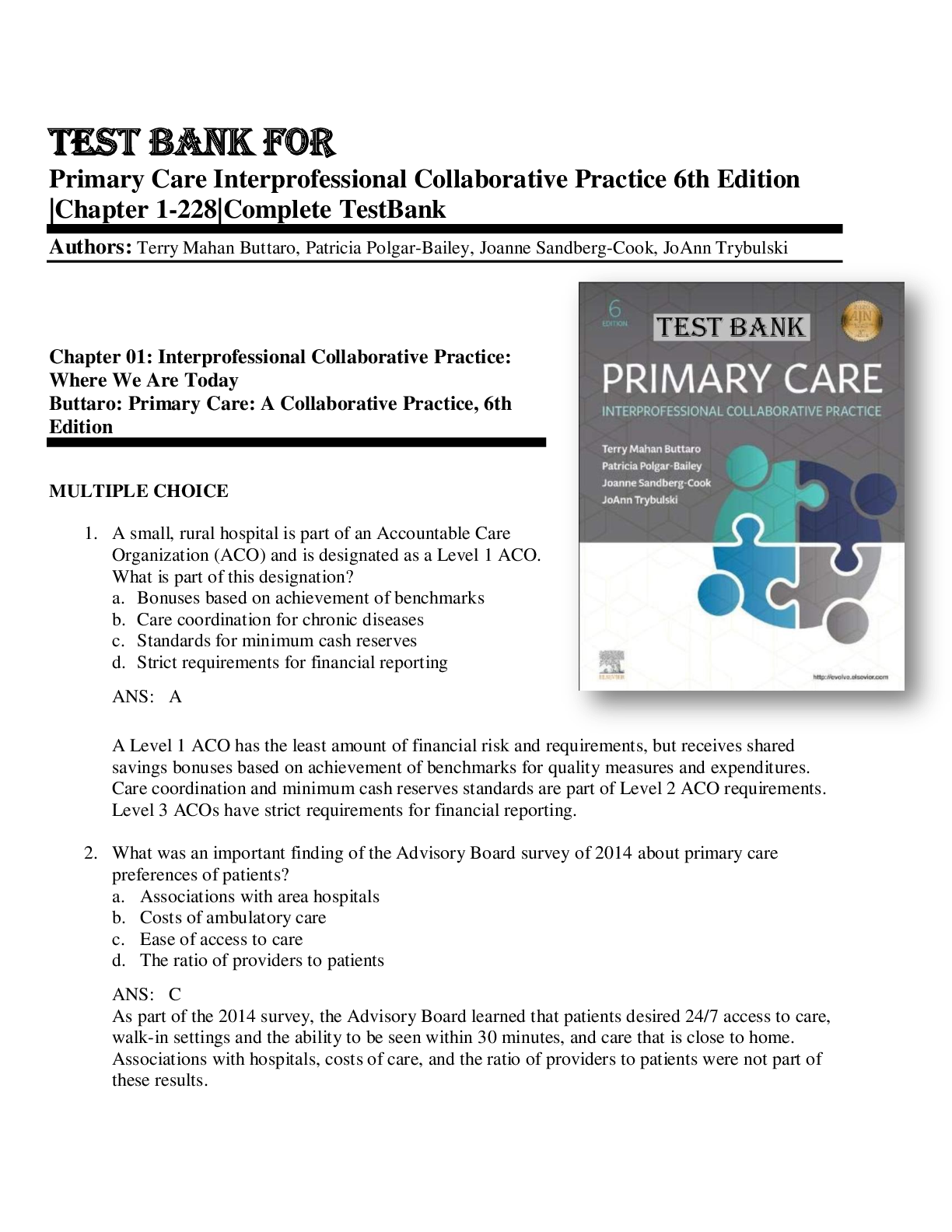 Preview image of Test Bank Primary Care Interprofessional Collaborative Practice 6th Edition by Terry Mahan Buttaro Chapter 1-228Complete Guide A+ document