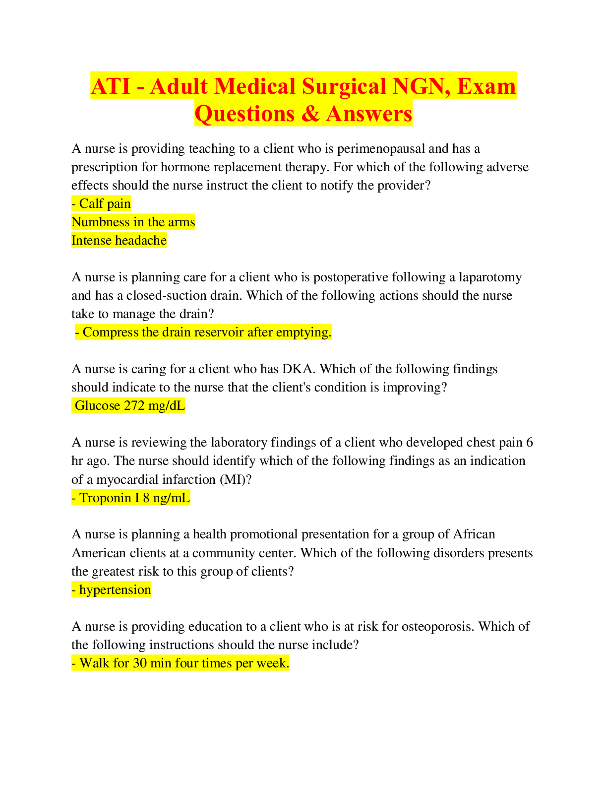 ATI - Adult Medical Surgical NGN, Exam Questions & Answers