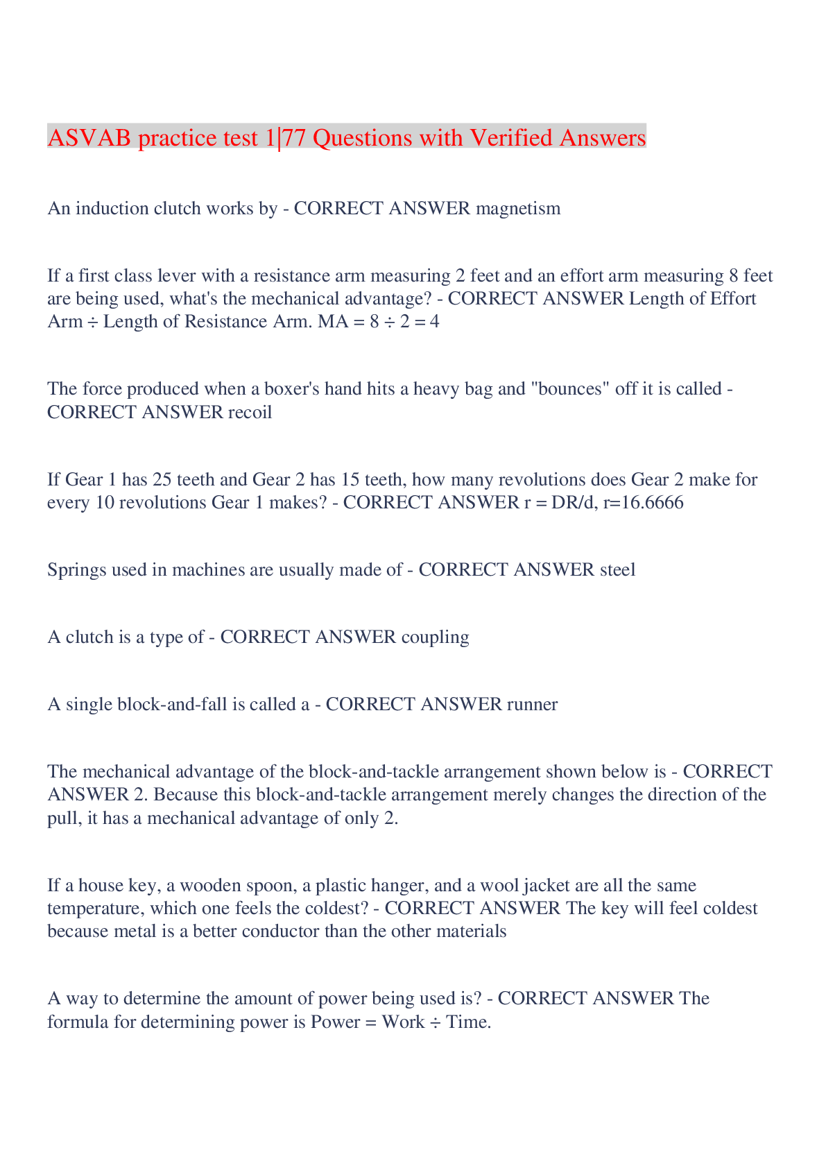 Preview image for ASVAB practice test 1|77 Questions with Verified Answers,100% CORRECT