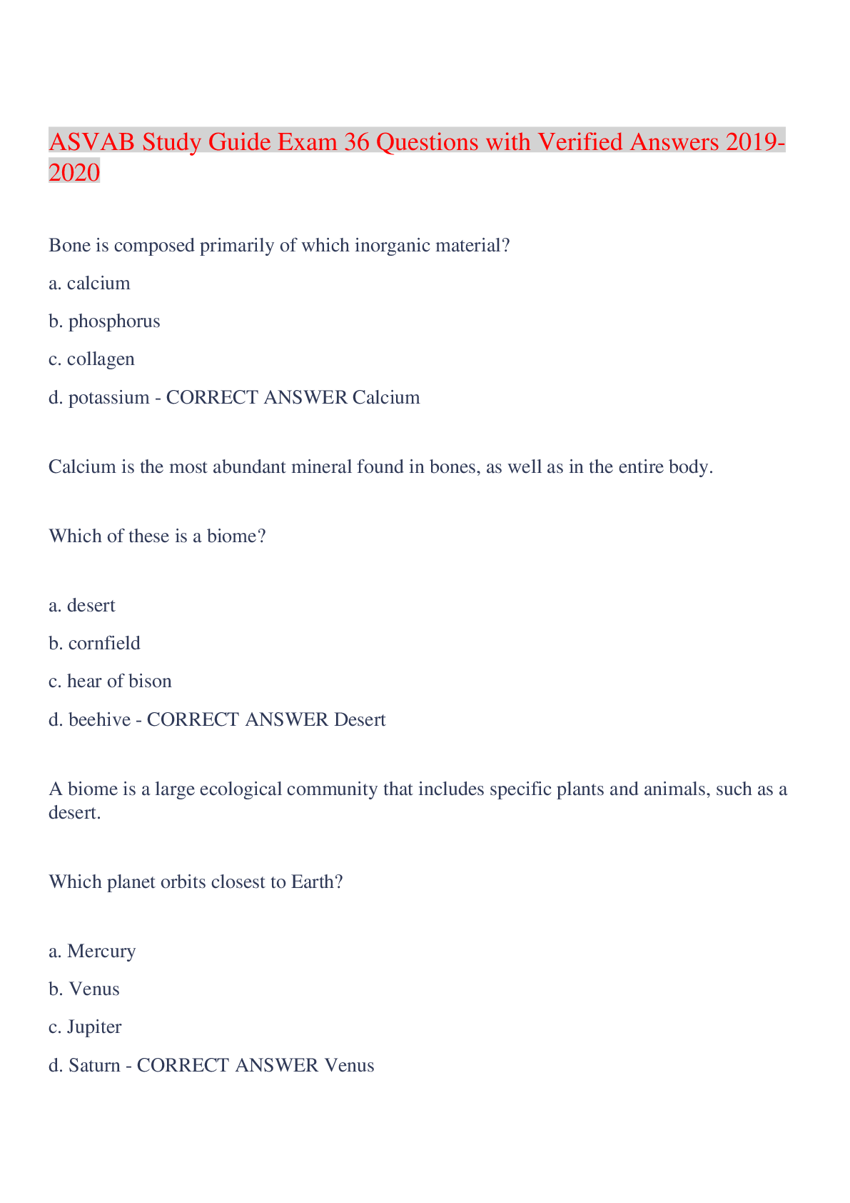 Preview image for ASVAB Study Guide Exam 36 Questions with Verified Answers 2019-2020,100% CORRECT