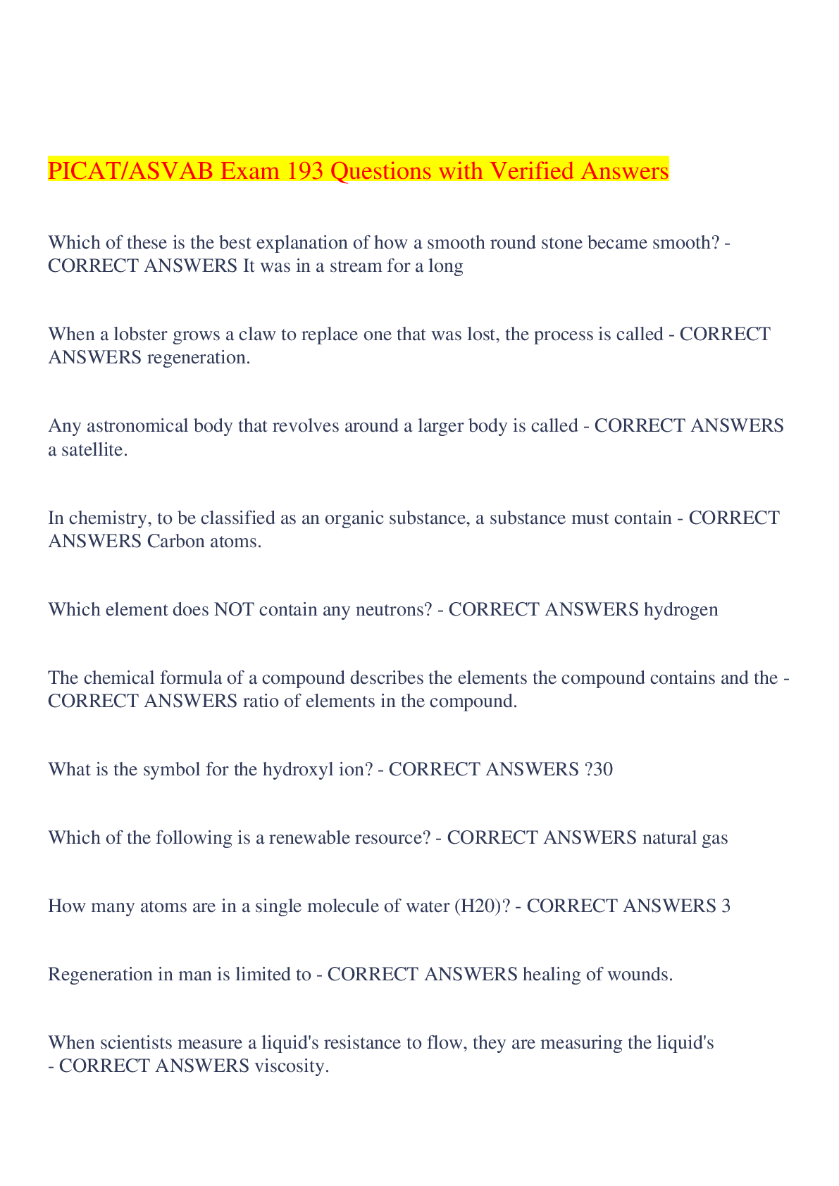 Preview image for PICAT/ASVAB Exam 193 Questions with Verified Answers,100% CORRECT