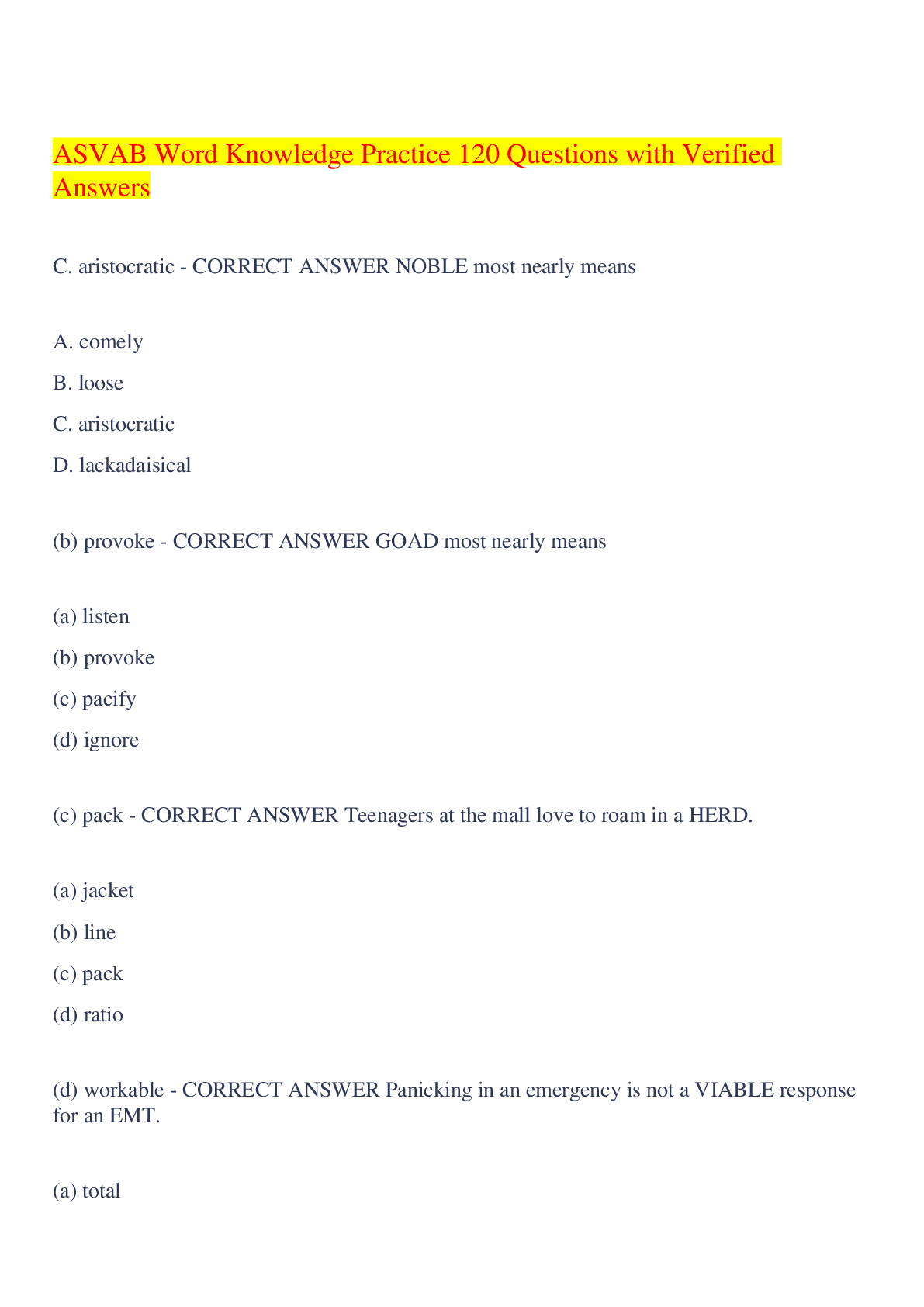 Preview image for ASVAB Word Knowledge Practice 120 Questions with Verified Answers,100% CORRECT