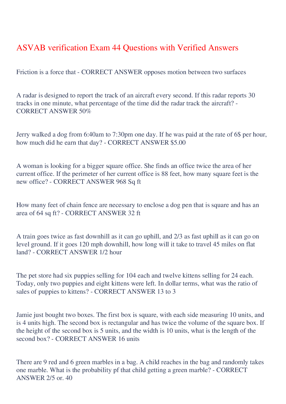 Preview image for ASVAB verification Exam 44 Questions with Verified Answers,100% CORRECT