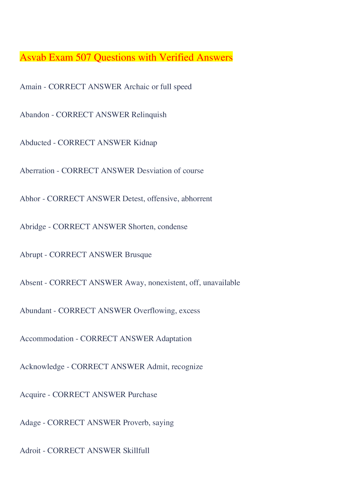 Preview image for Asvab Exam 507 Questions with Verified Answers,100% CORRECT