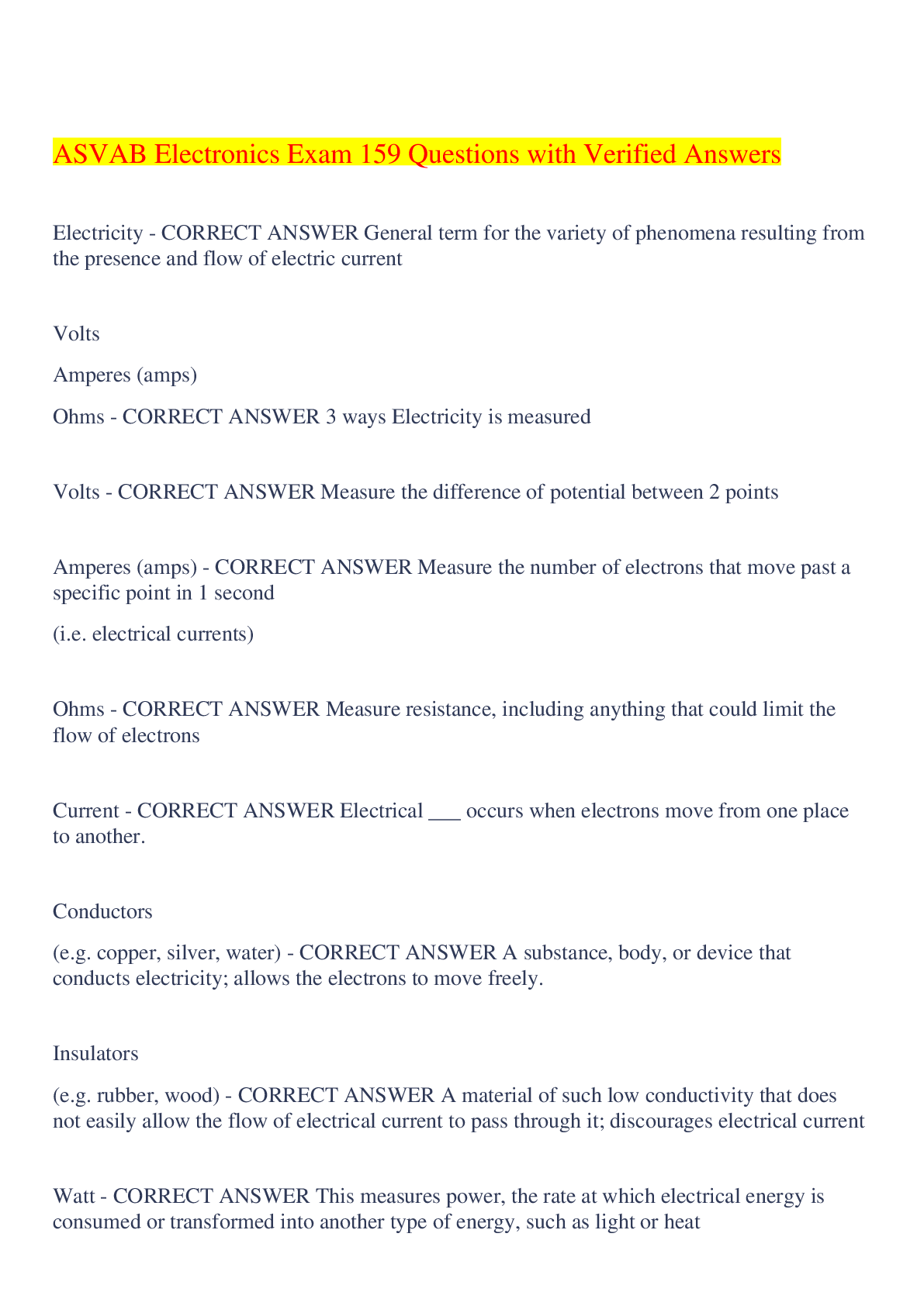 Preview image for ASVAB Electronics Exam 159 Questions with Verified Answers,100% CORRECT