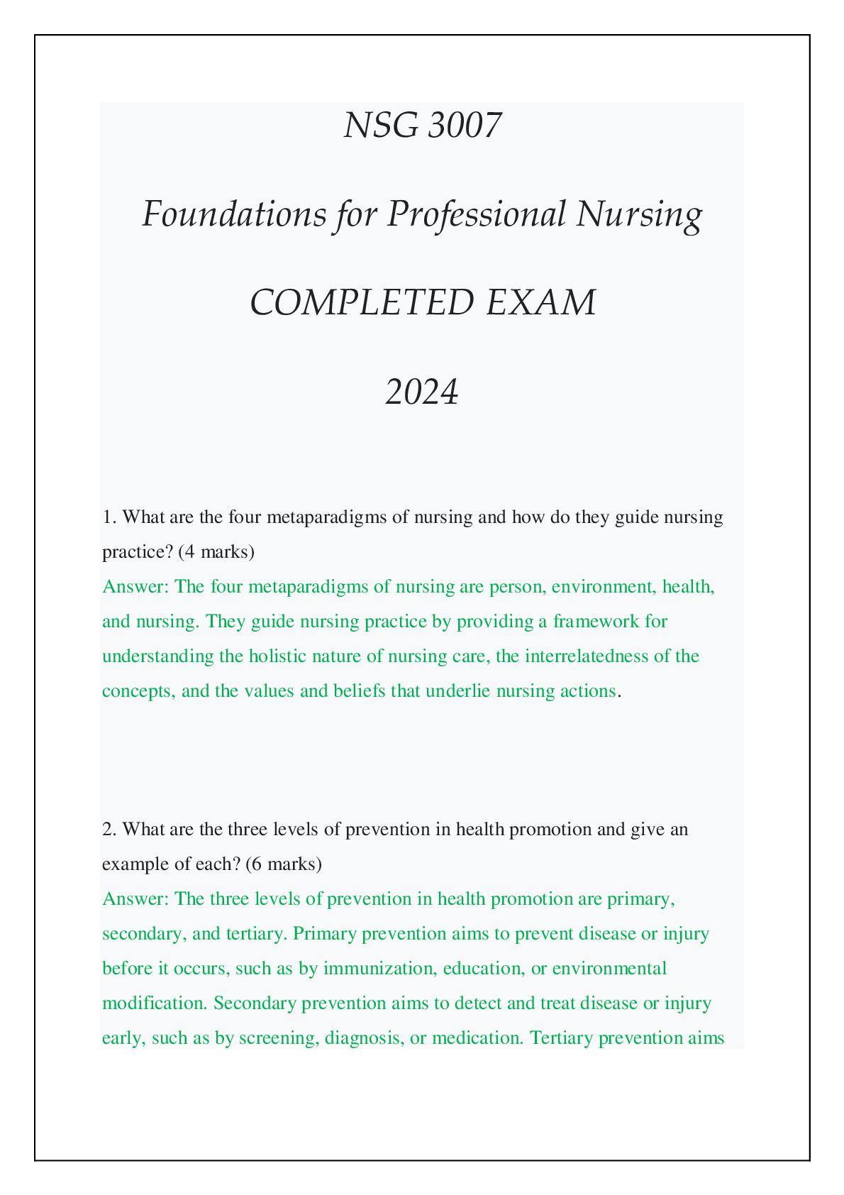 Preview of NSG 3007 FOUNDATIONS FOR PROFESSIONAL NURSING COMPLETED EXAM 2024