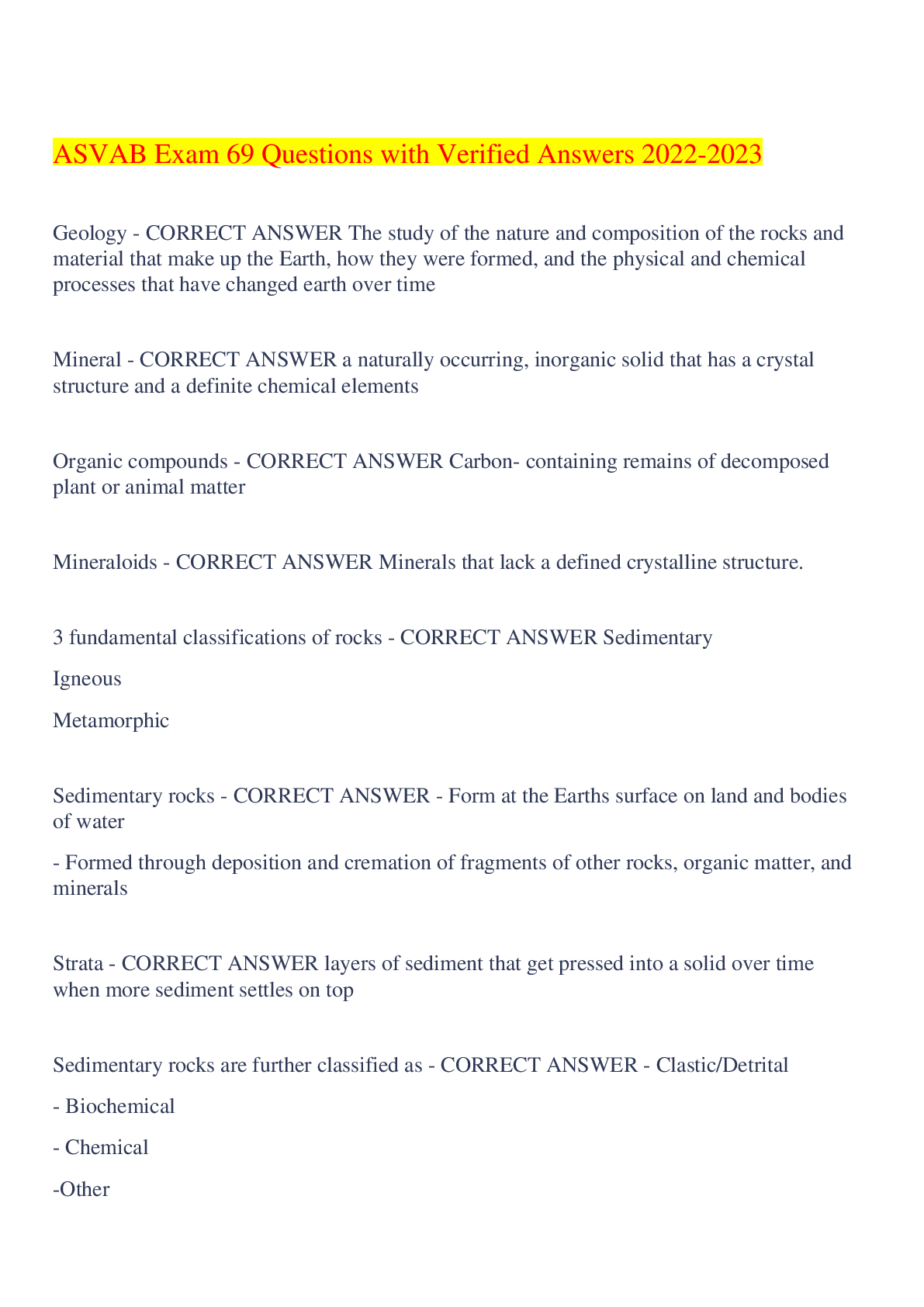 Preview image for ASVAB Exam 69 Questions with Verified Answers 2022-2023,100% CORRECT