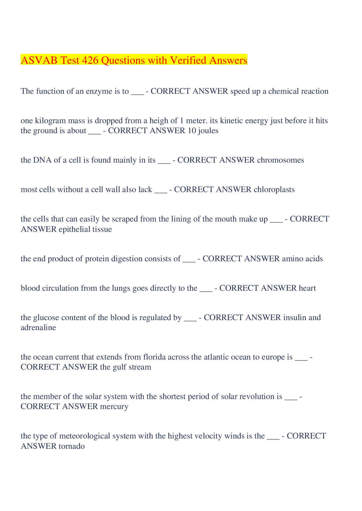 Preview image for ASVAB Test 426 Questions with Verified Answers,100% CORRECT