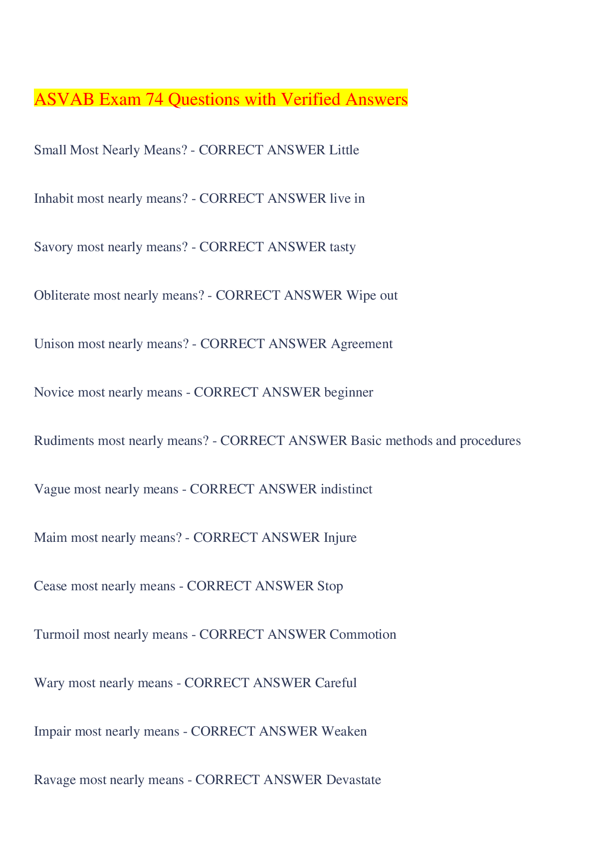 Preview image for ASVAB Exam 74 Questions with Verified Answers,100% CORRECT