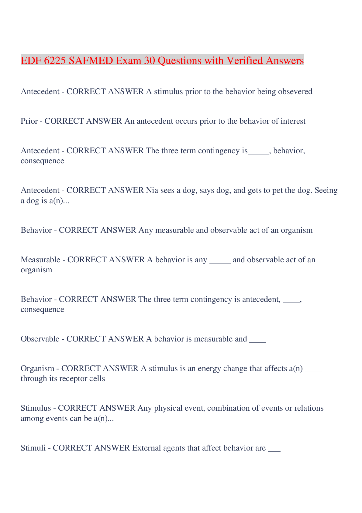 Preview image for EDF 6225 SAFMED Exam 30 Questions with Verified Answers,100% CORRECT