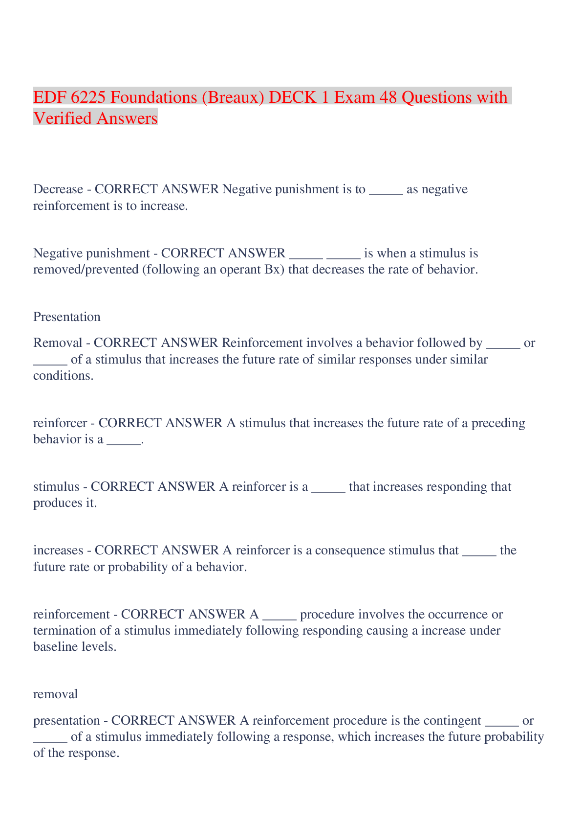 Preview image for EDF 6225 Foundations (Breaux) DECK 1 Exam 48 Questions with Verified Answers,100% CORRECT