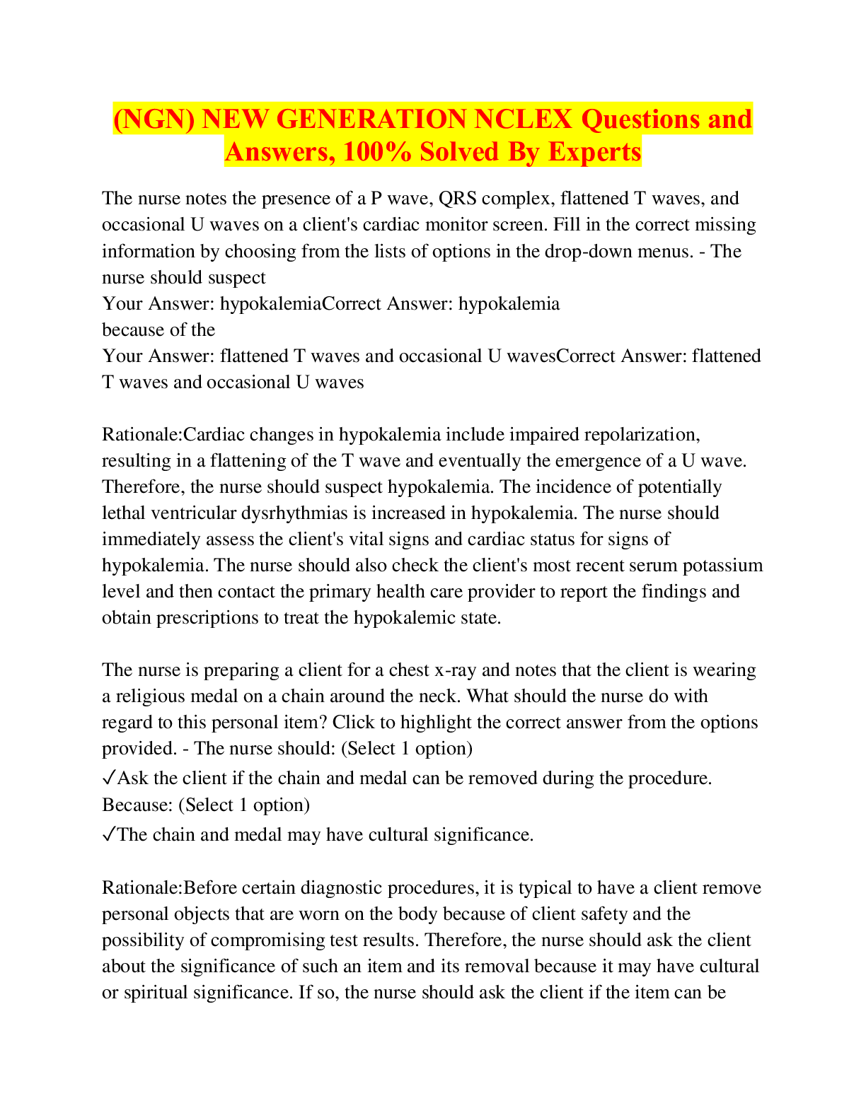 Preview of (NGN) NEW GENERATION NCLEX Questions and Answers, 100% Solved By Experts