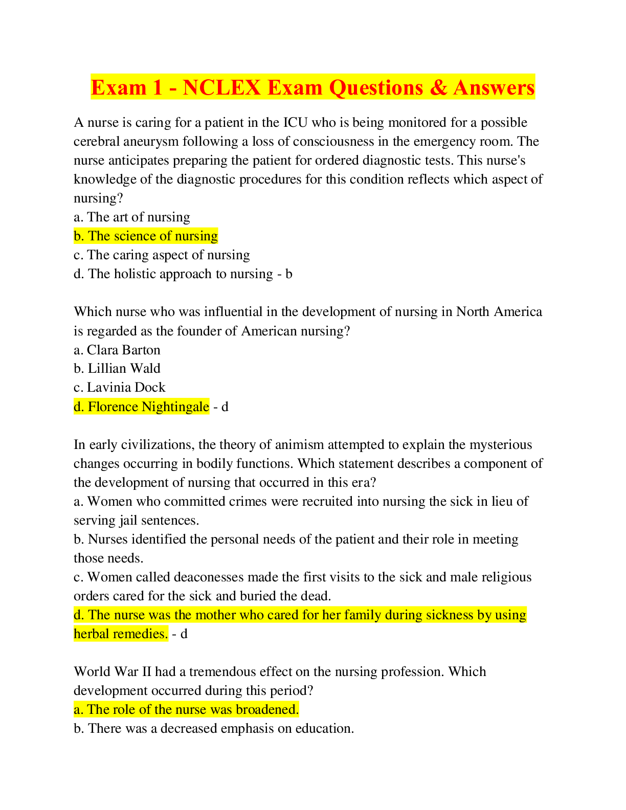 Preview image for Exam 1 - NCLEX Exam Questions & Answers