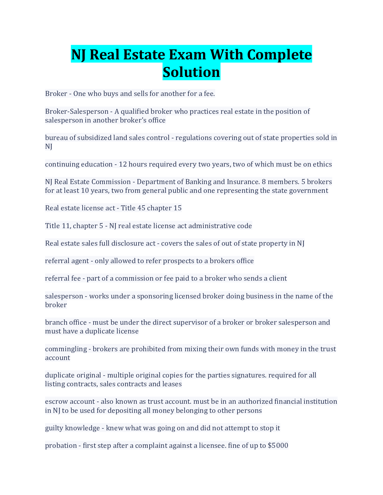 Preview image for NJ Real Estate Exam With Complete Solution