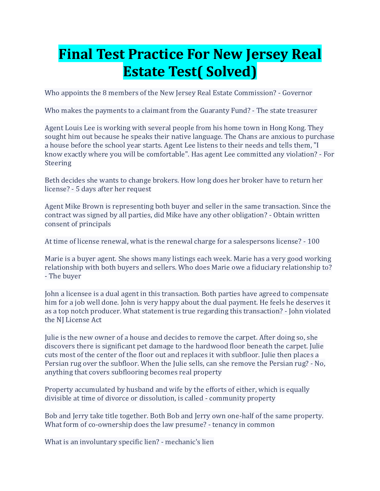 Preview image for Final Test Practice For New Jersey Real Estate Test( Solved)